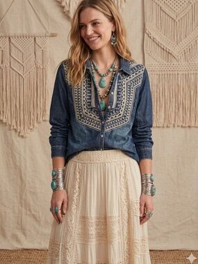 NURTURE L Soft Embroidered Denim Shirt Coastal Cowboy Boho Artisanal EUC